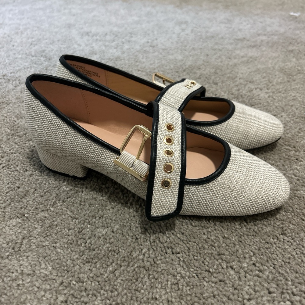 J. Crew Cream and Black Heels with Gold Buckle